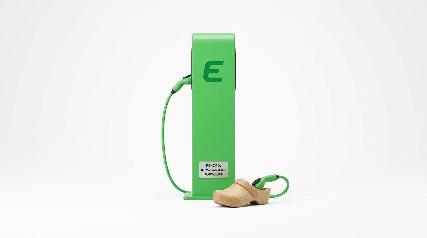 Grüne E-Ladesäule mit Stecker in Holzschuh und norwegischem Zulassungsrekord