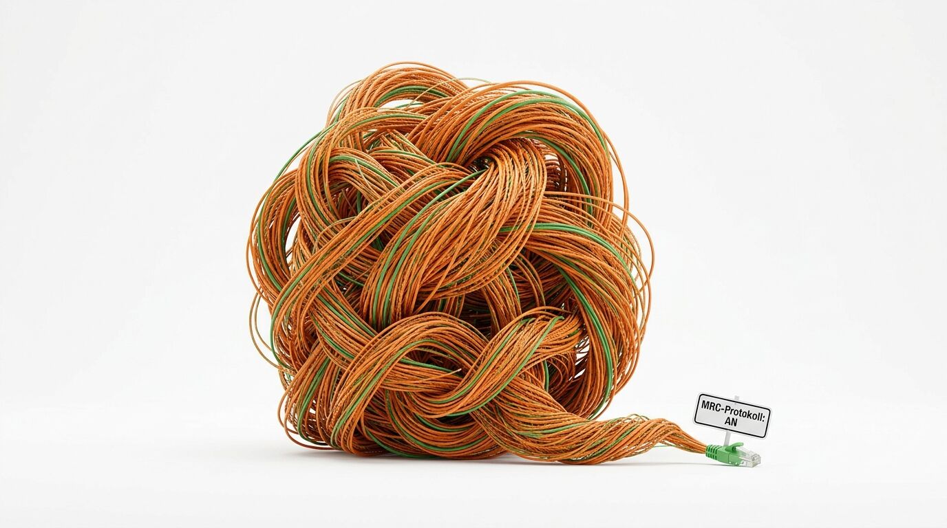 Verknotetes, orange-grünes Datenkabel-Bündel mit RJ45-Stecker und Beschilderung auf Weiß