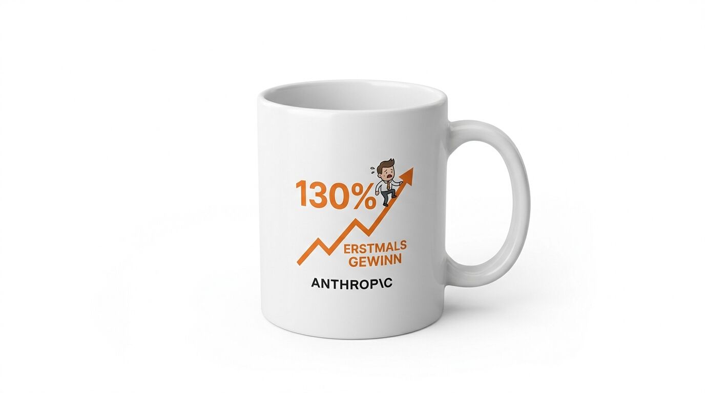 Weiße Tasse mit Aufdruck eines Mannes, eines Pfeils nach oben, „130%“, „ERSTMALS GEWINN“ und „ANTHROP\C“