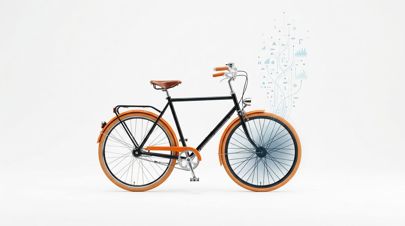 Fahrrad mit orangefarbenen Reifen, braunem Sattel und Griffen, vor weißem Hintergrund