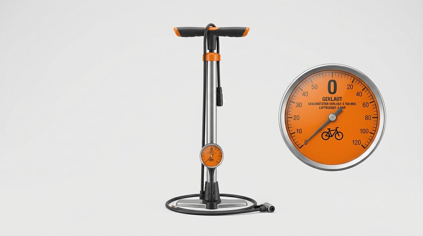 Fahrradluftpumpe und Manometer mit „GEKLAUT“-Text und Fahrradsymbol vor weißem Hintergrund