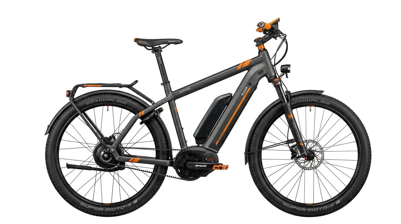 Grau-oranges E-Bike R6M mit Mittelmotor, Riemenantrieb und Schwalbe Super Moto-X Reifen auf weiß