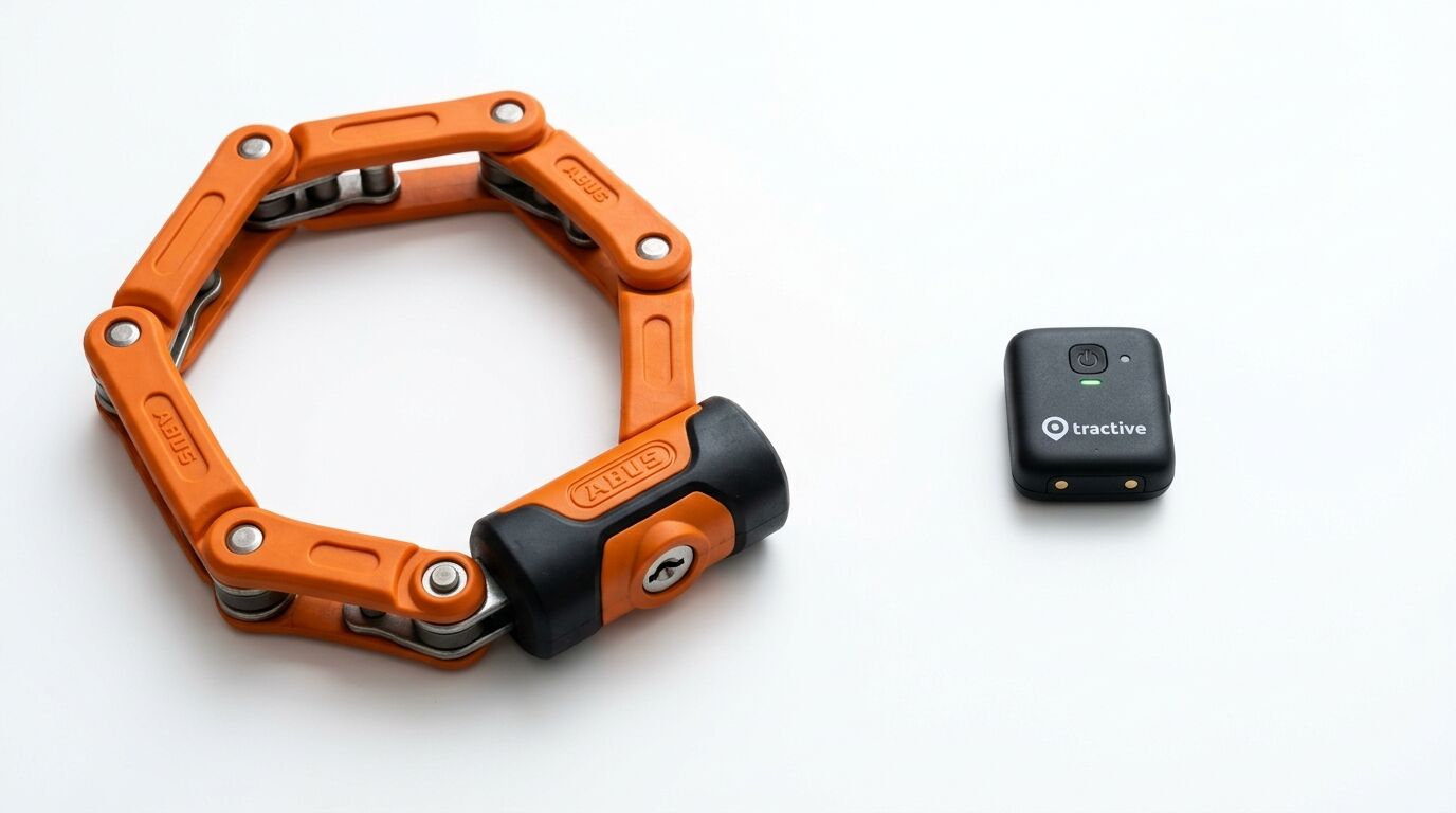 Ein orangefarbenes ABUS-Faltschloss und ein schwarzer Tractive-Tracker auf weißem Grund