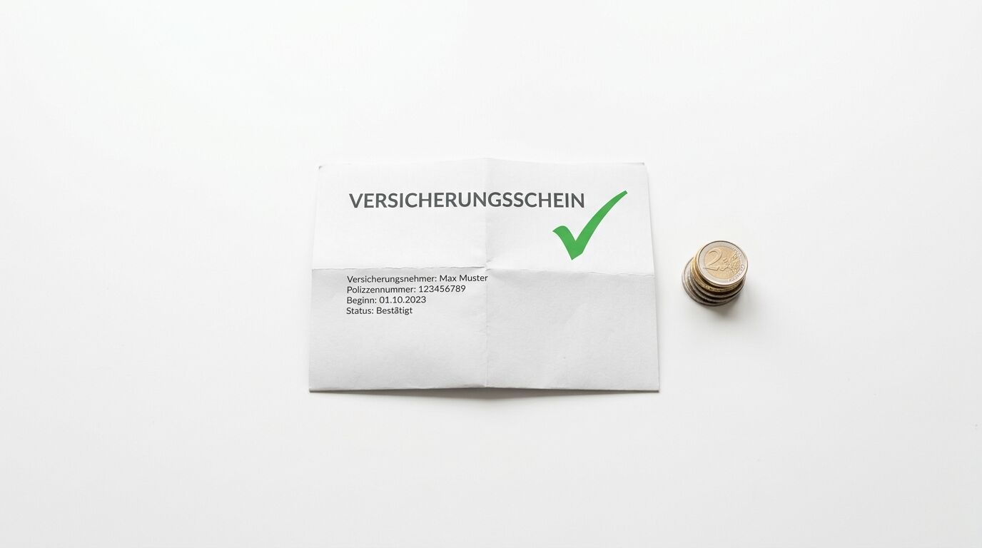 Ein gefalteter Versicherungsschein mit grünem Haken und einem Münzstapel daneben auf weißem Grund