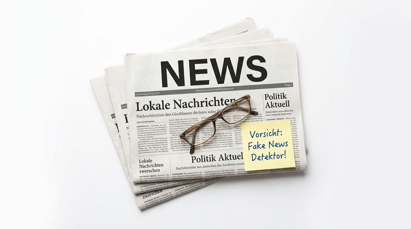 Zeitungsstapel mit Brille und Post-it: „Vorsicht: Fake News Detektor!“