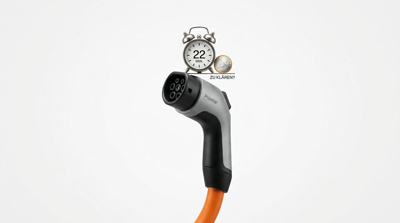 Ein Polestar-Ladekabel mit Wecker, 22 Min., 1-Euro-Münze und dem Text „ZU KLÄREN?“