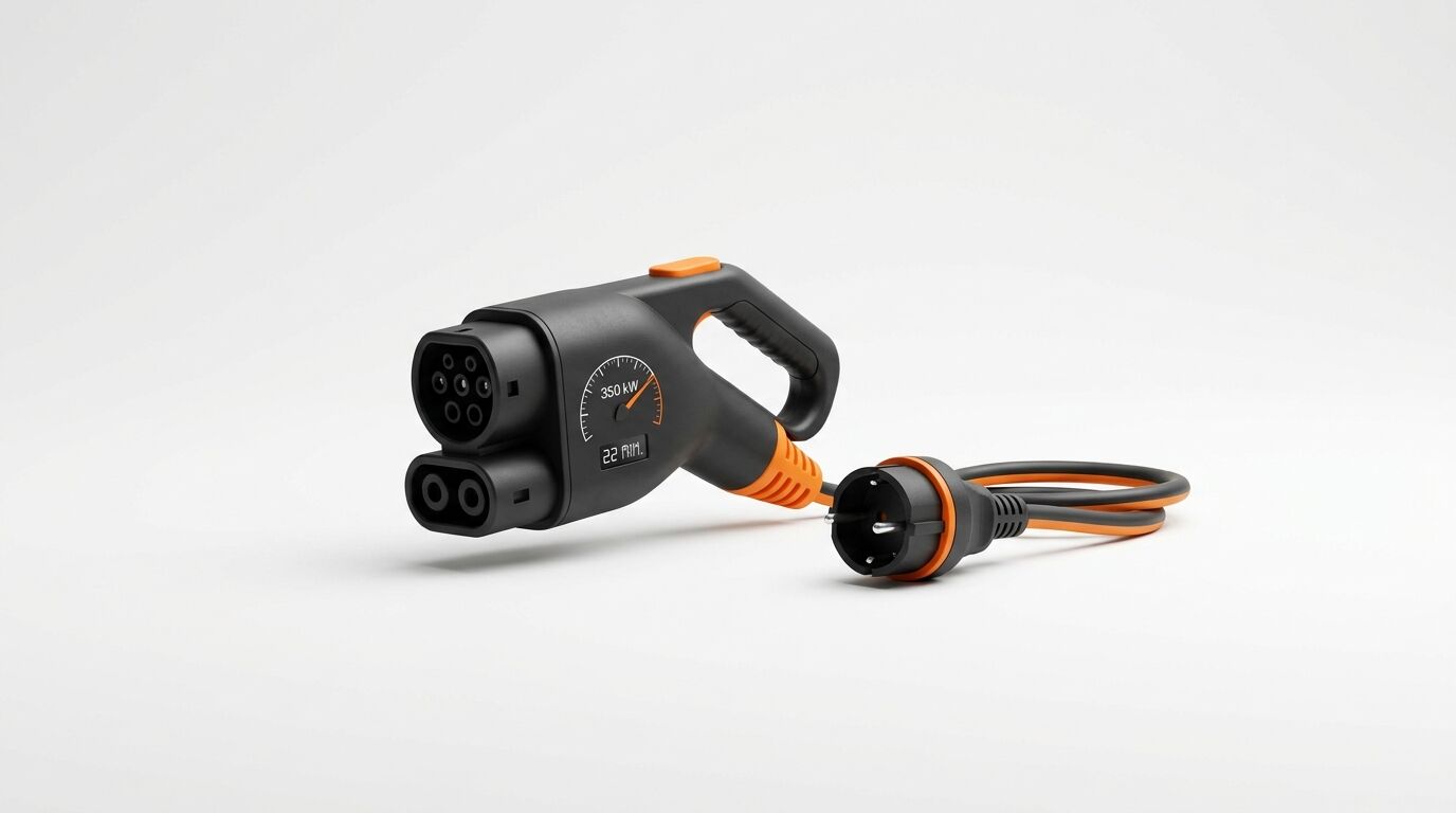 Schwarzer CCS2-Stecker mit LCD-Anzeige, Schukostecker und orangefarbenem Kabel vor weißem Hintergrund