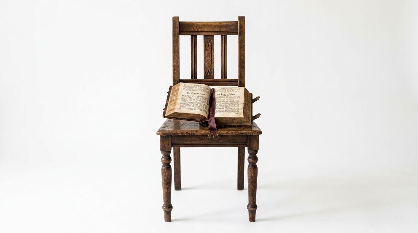 Altes, offenes Buch auf einem dunklen Holzstuhl vor weißem Hintergrund