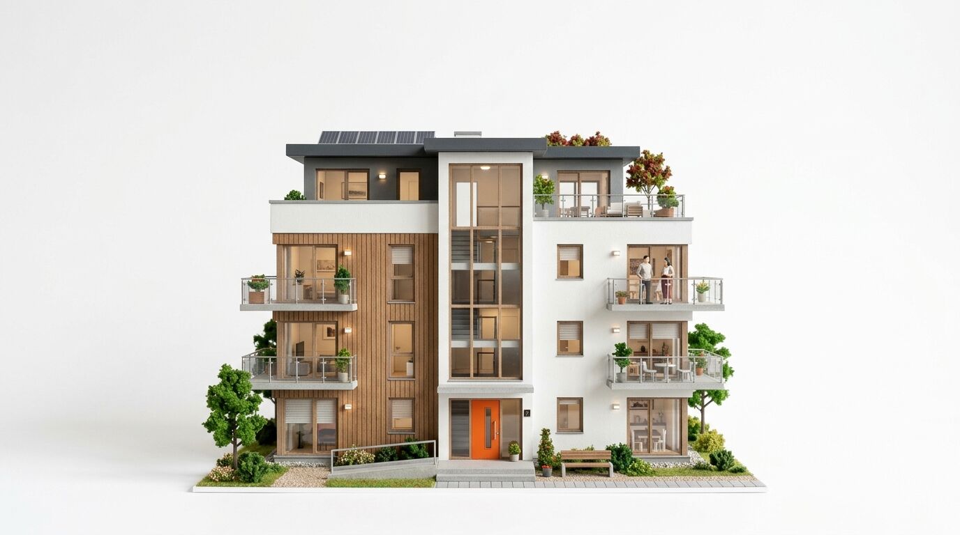Detailliertes Modell eines modernen Mehrfamilienhauses mit Dachterrasse vor weißem Hintergrund