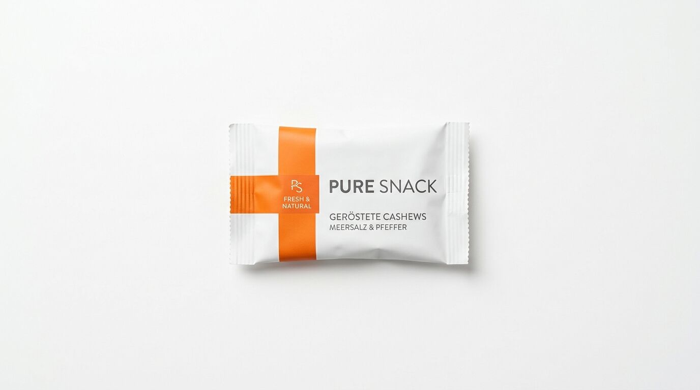 Packung „Pure Snack: Geröstete Cashews Meersalz & Pfeffer“ auf weißem Hintergrund