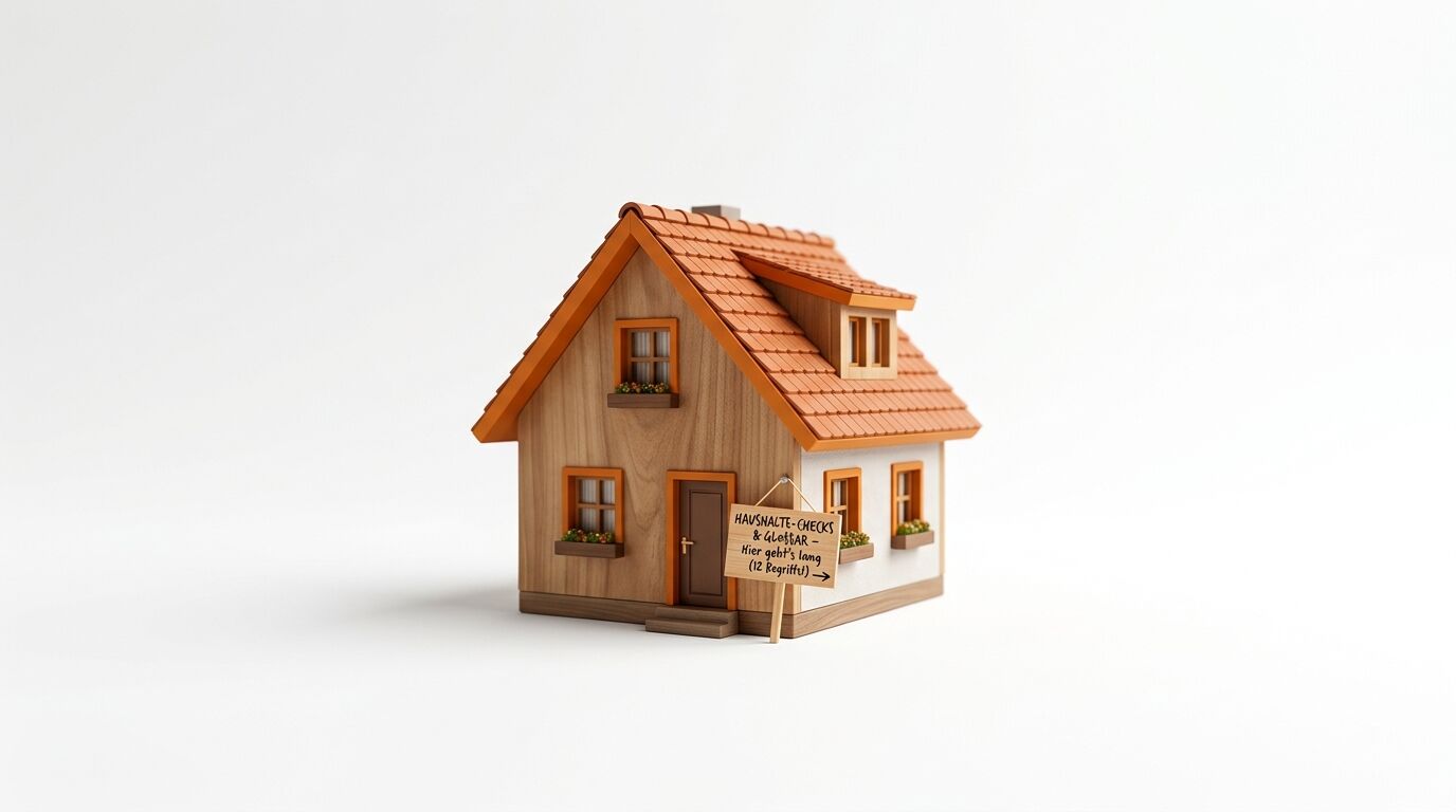 Ein Holzmodellhaus mit orangefarbenem Ziegeldach und einem handgeschriebenen Schild daneben auf weißem Hintergrund