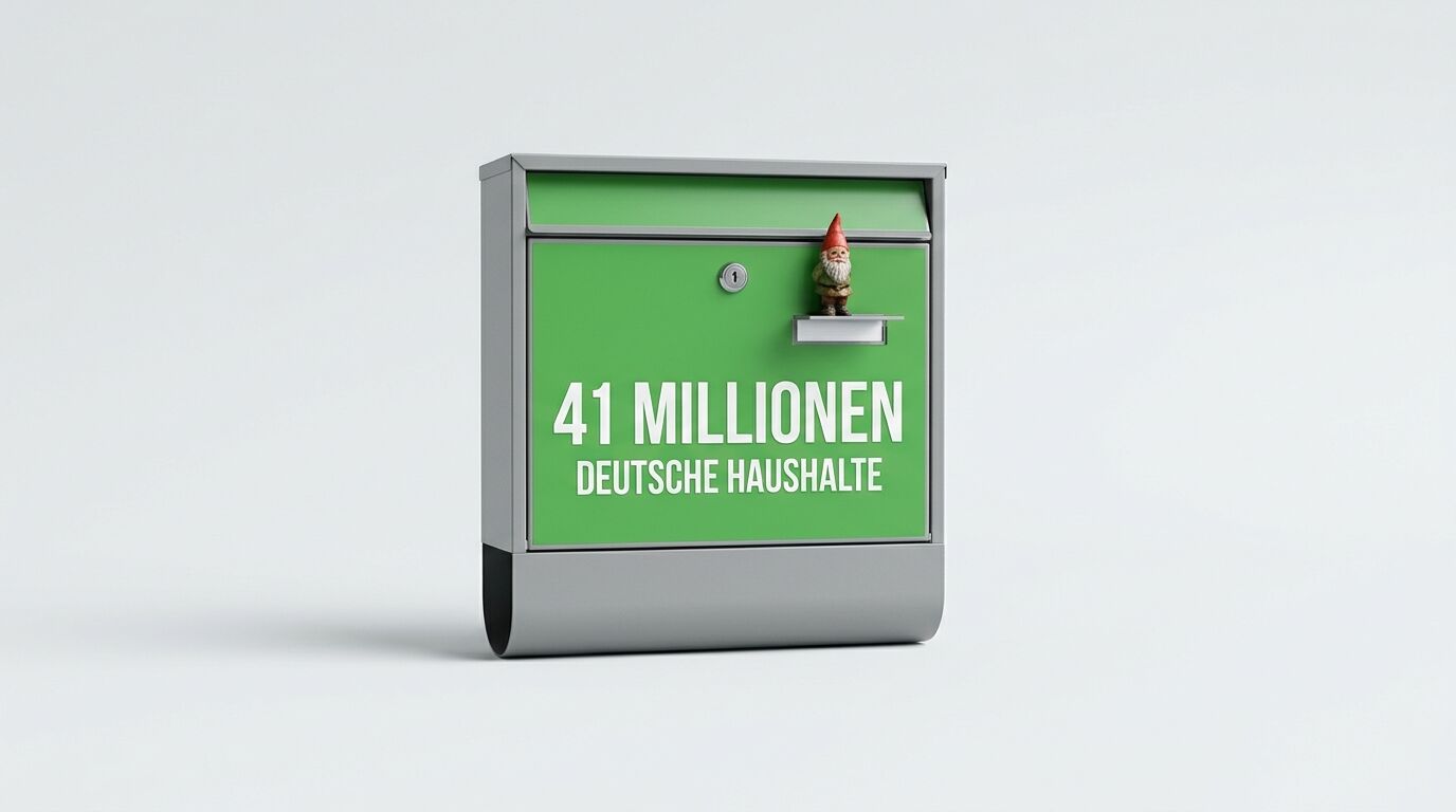 Grüner Briefkasten mit weißem Text „41 MILLIONEN DEUTSCHE HAUSHALTE“ und einem kleinen Gartenzwerg