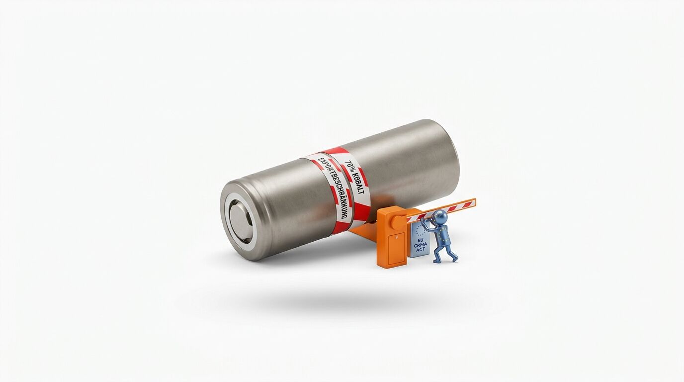 Riesenbatterie mit Kobalt-Aufkleber vor winzigem EU-Männchen mit Schranke