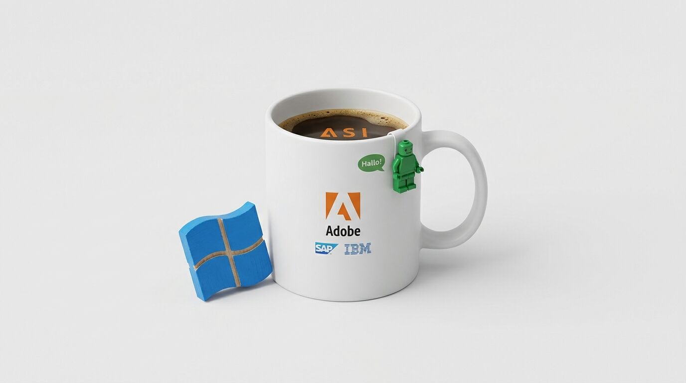 Tasse mit Firmenlogos, daneben das Windows-Logo