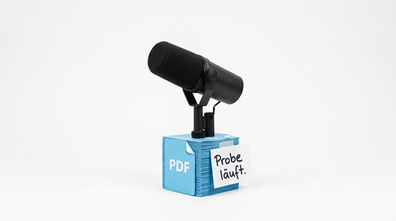 Ein schwarzes Mikrofon auf einem blauen Stapel Papier mit der Aufschrift PDF und „Probe läuft.“