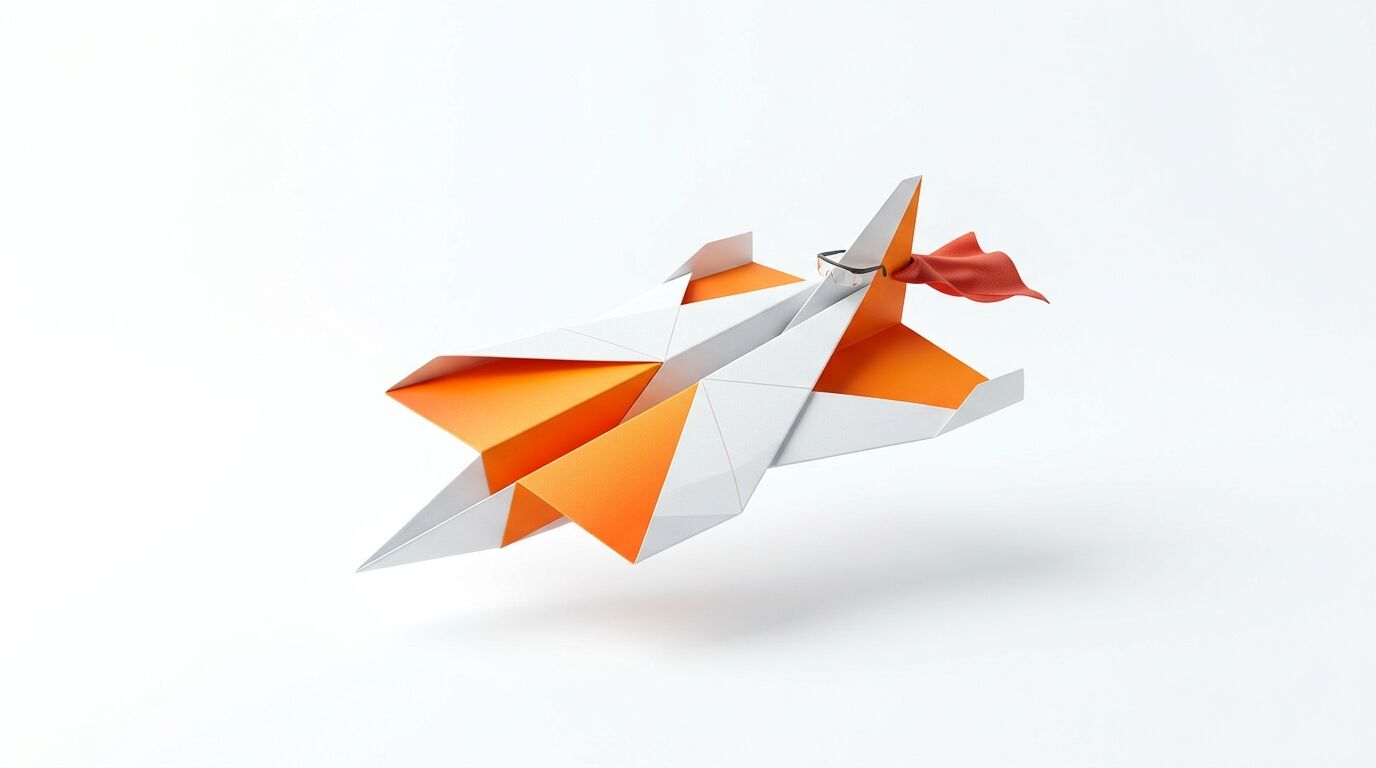 Weiß-oranges Papierflugzeug mit Brille und rotem Umhang auf weißem Grund