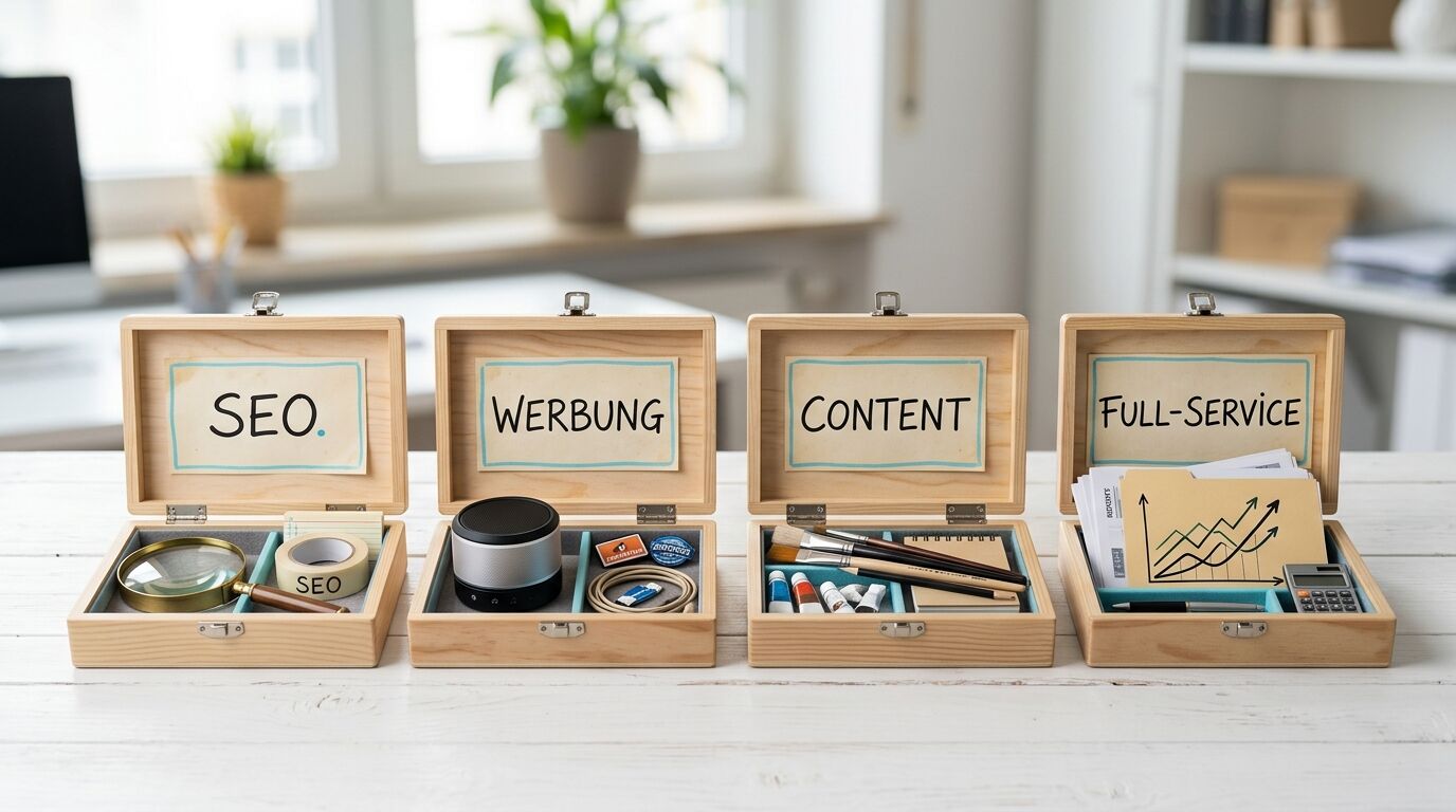 Vier offene Holzboxen mit Marketing-Utensilien und Begriffen auf einem Tisch