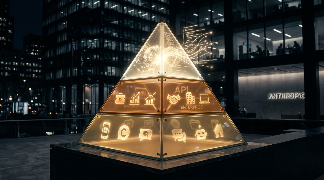 Pyramide mit leuchtenden Unternehmenssymbolen vor nächtlicher Bürofassade mit Anthropic-Logo