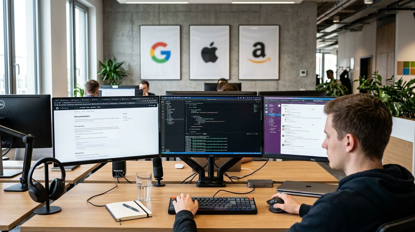 Büroraum mit mehreren Monitoren, einer Person und drei Firmenlogos an der Wand