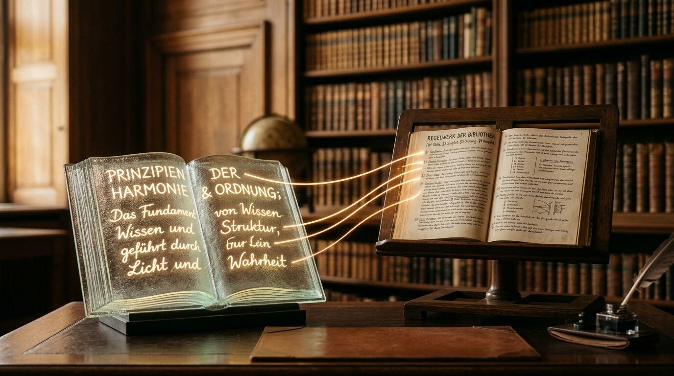 Zwei aufgeschlagene Bücher auf Tischen in einer Bibliothek, durch Lichtfäden verbunden