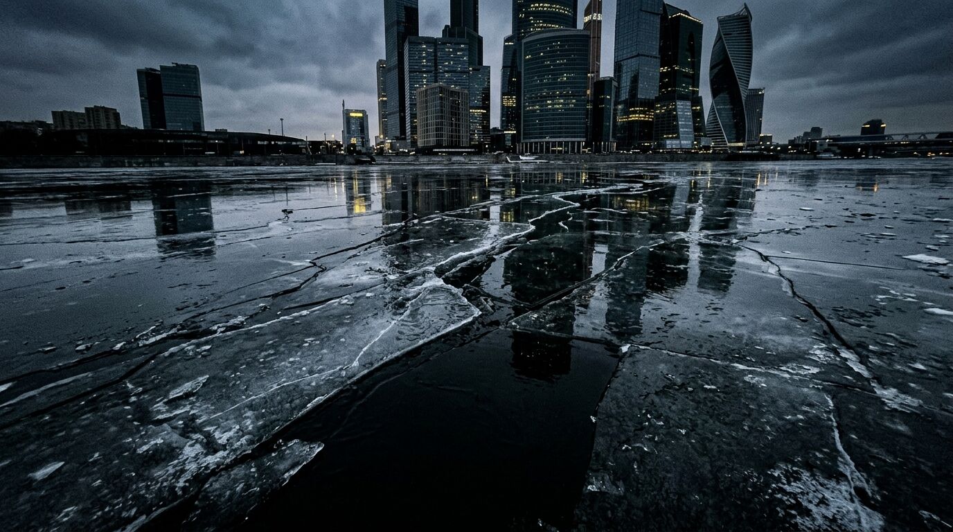 Foto des Moskva-Flusses mit geborstenen Eisschollen und beleuchteter Skyline bei Dämmerung