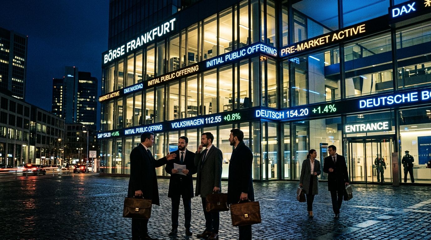 Geschäftsleute in Anzügen stehen abends vor der beleuchteten Börse Frankfurt mit Börsentickern