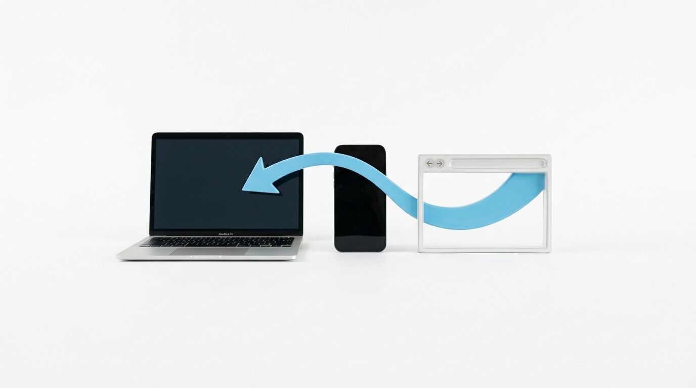 Laptop, Smartphone, Browser-Symbol und Pfeil, der Datenfluss anzeigt