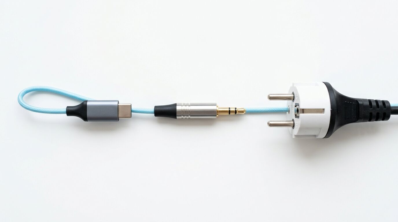 Unmögliches blaues Kabel mit USB-C-, Klinken- und Schukostecker nebeneinander auf weiß