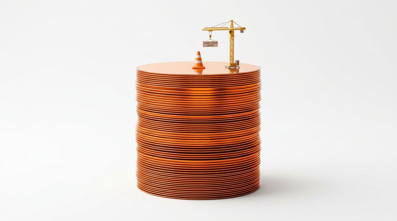 Ein Stapel Kupferplatten, auf dem ein Miniaturkran und Pylon stehen, vor weißem Hintergrund