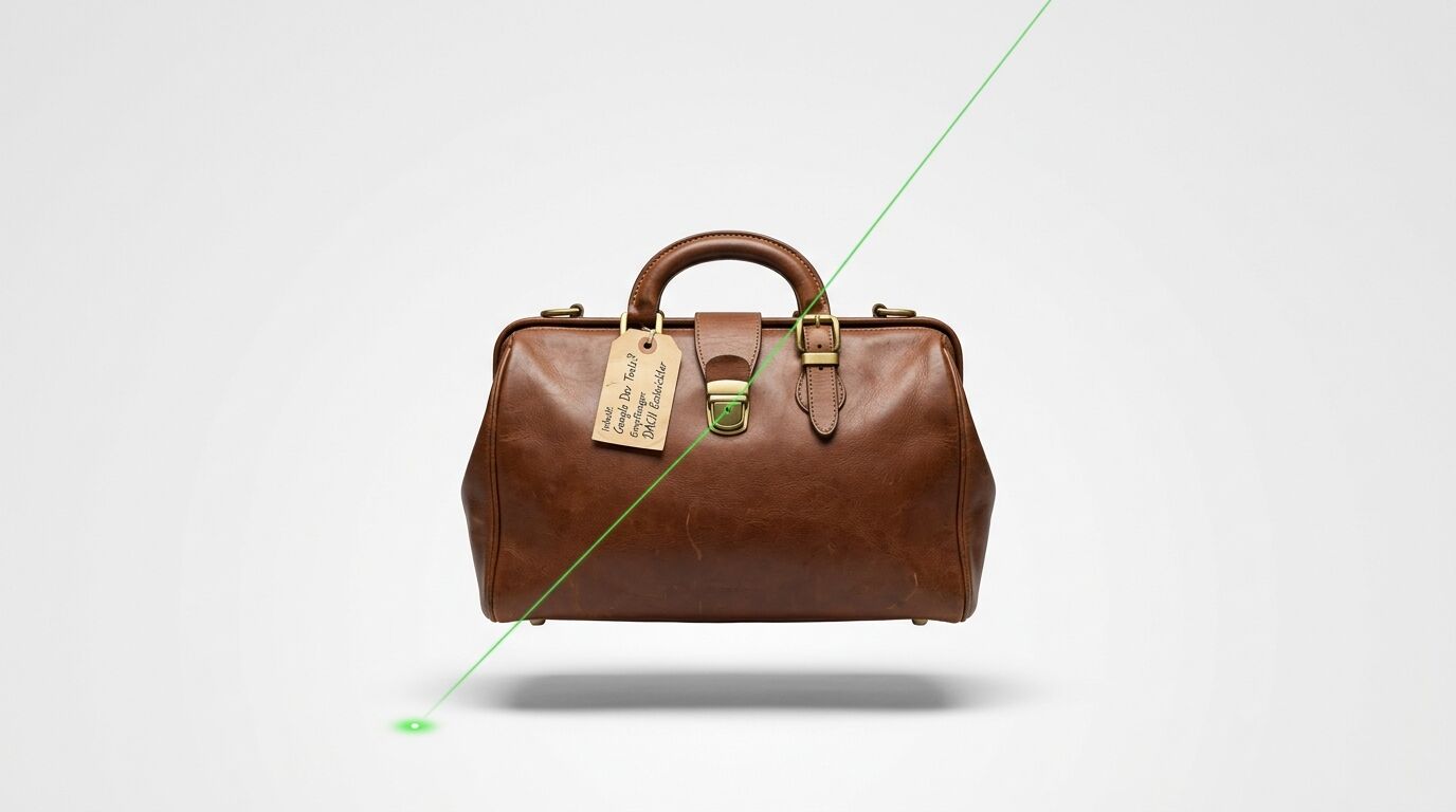 Eine braune Ledertasche schwebt mit einem Etikett, während ein grüner Laserstrahl hindurchgeht