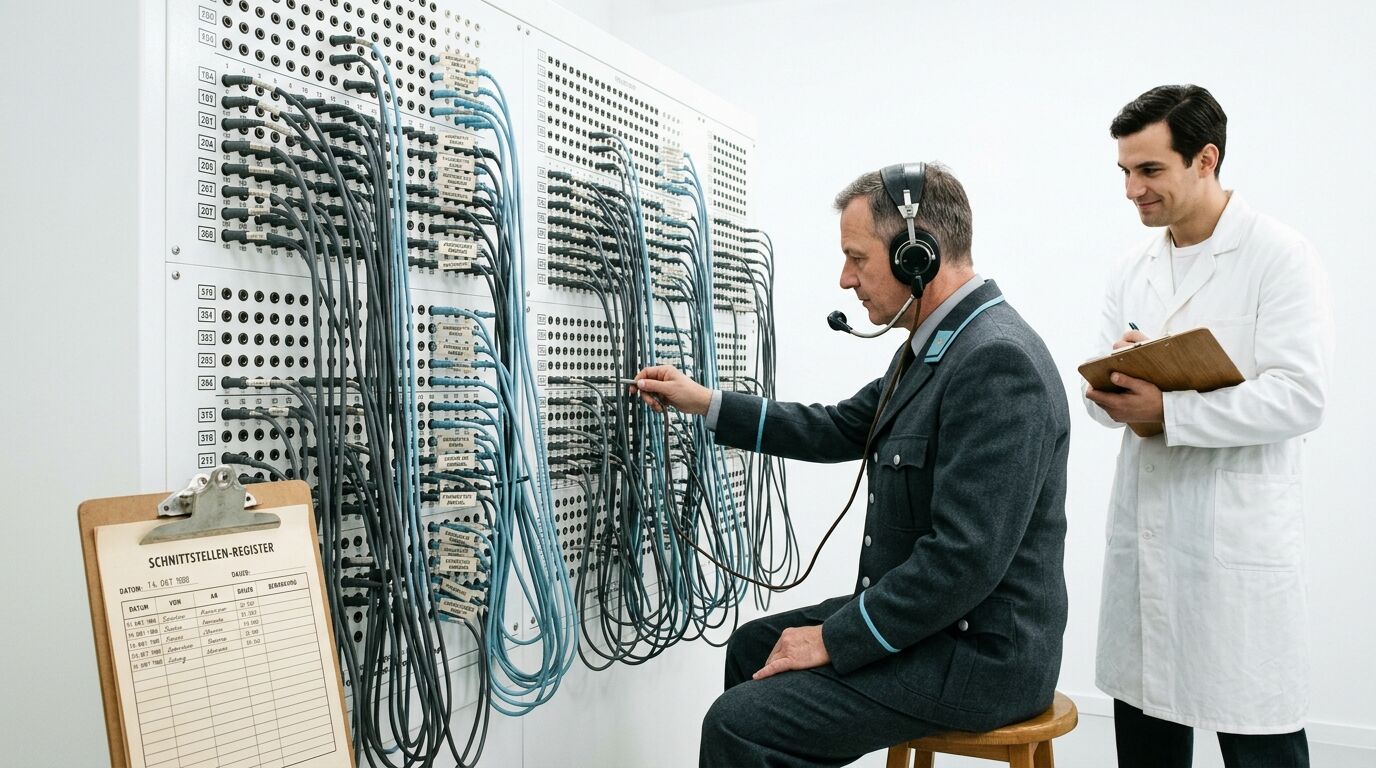 Bediener mit Headset an großer Schalttafel, daneben ein lächelnder Wissenschaftler mit Klemmbrett