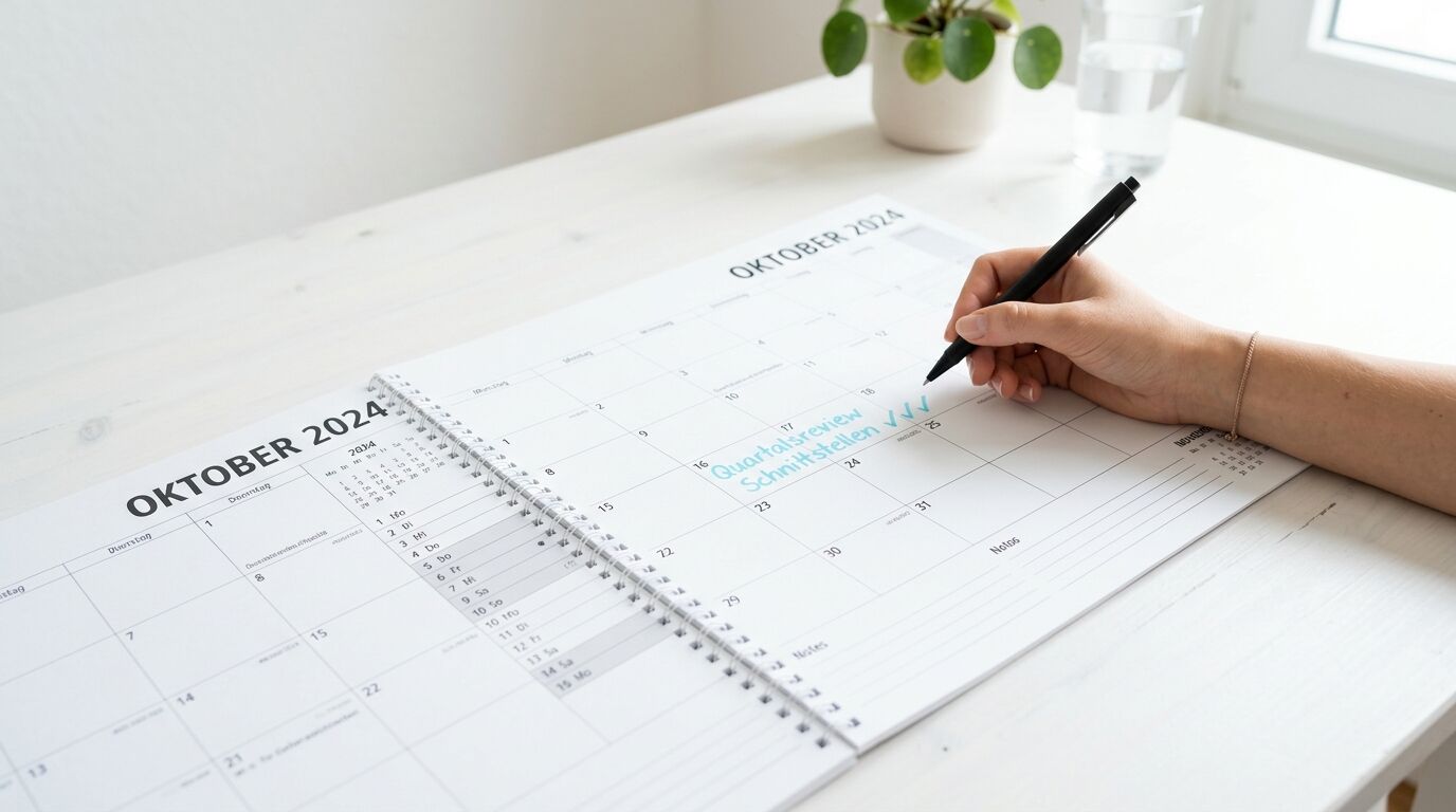 Hand mit Stift schreibt in einen Kalender für Oktober 2024