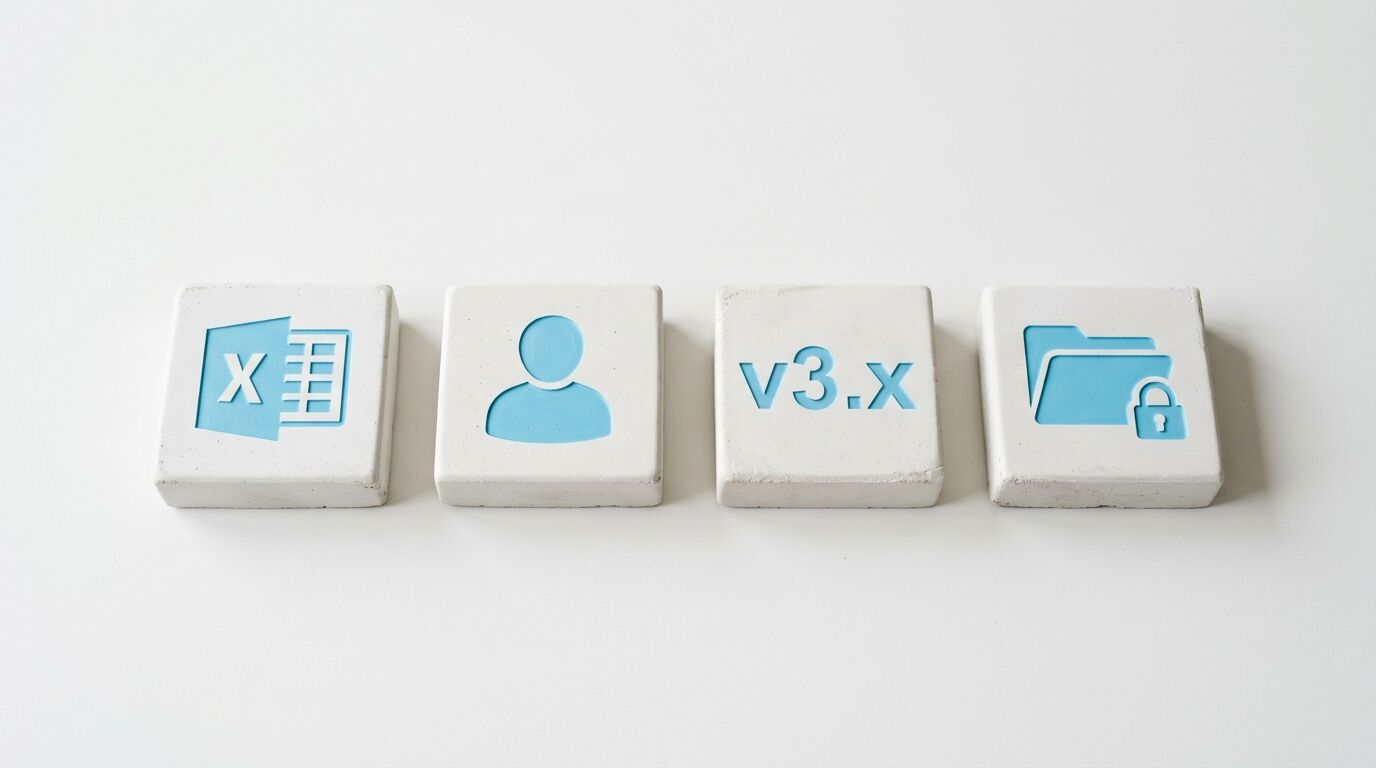 Vier weiße Steine mit hellblauen Symbolen für Excel, Benutzer, Version und Sicherheit