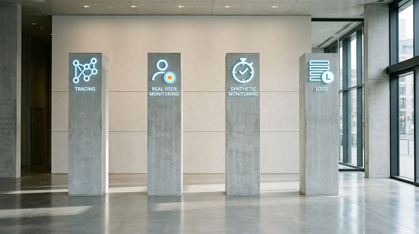 Vier Betonsäulen mit leuchtenden Überwachungssymbolen stehen in einem modernen Beton- und Glasfoyer