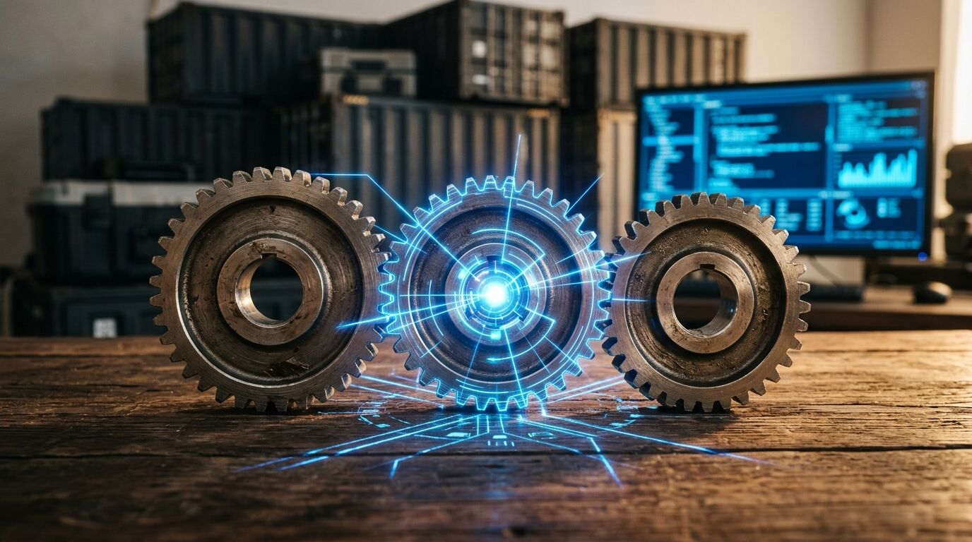 Drei Zahnräder auf Holz, blau leuchtendes Hologramm in der Mitte vor Lagerkisten und PC