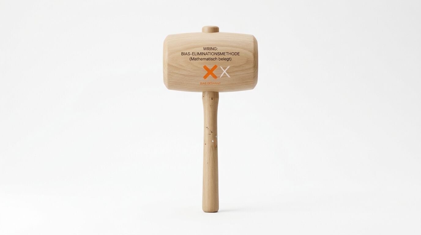Ein Holzhammer mit deutschem Text und einem orangen Kreuz auf hellem Hintergrund