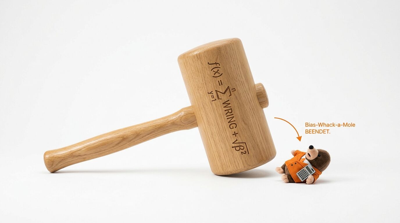Ein Holzhammer mit Formel nähert sich einer Plüschtier-Figur mit Taschenrechner