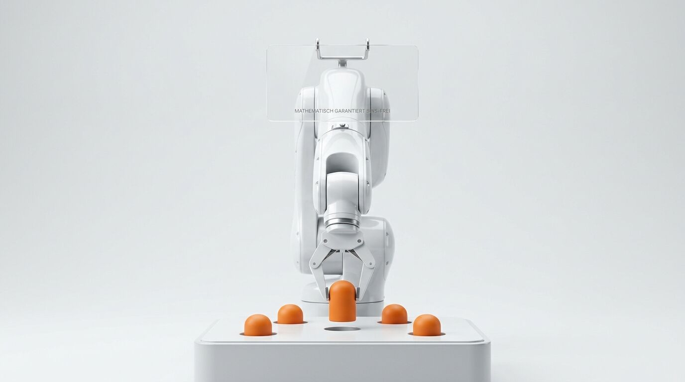 Weißer Roboterarm greift orangenen Block, umgeben von weiteren Blöcken, vor weißem Hintergrund