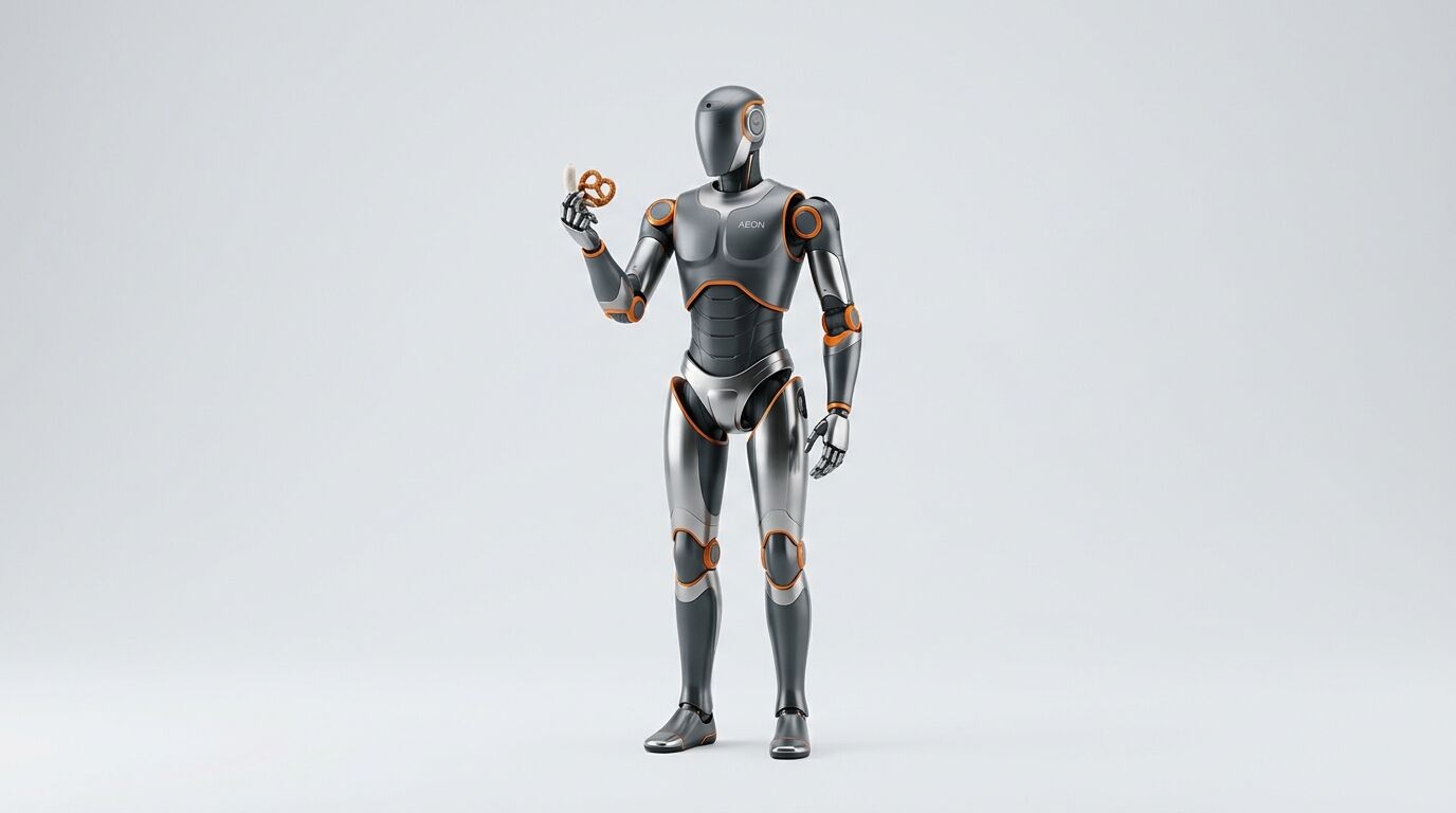 Hintergrund weiß, Roboter hält Brezel, Text
