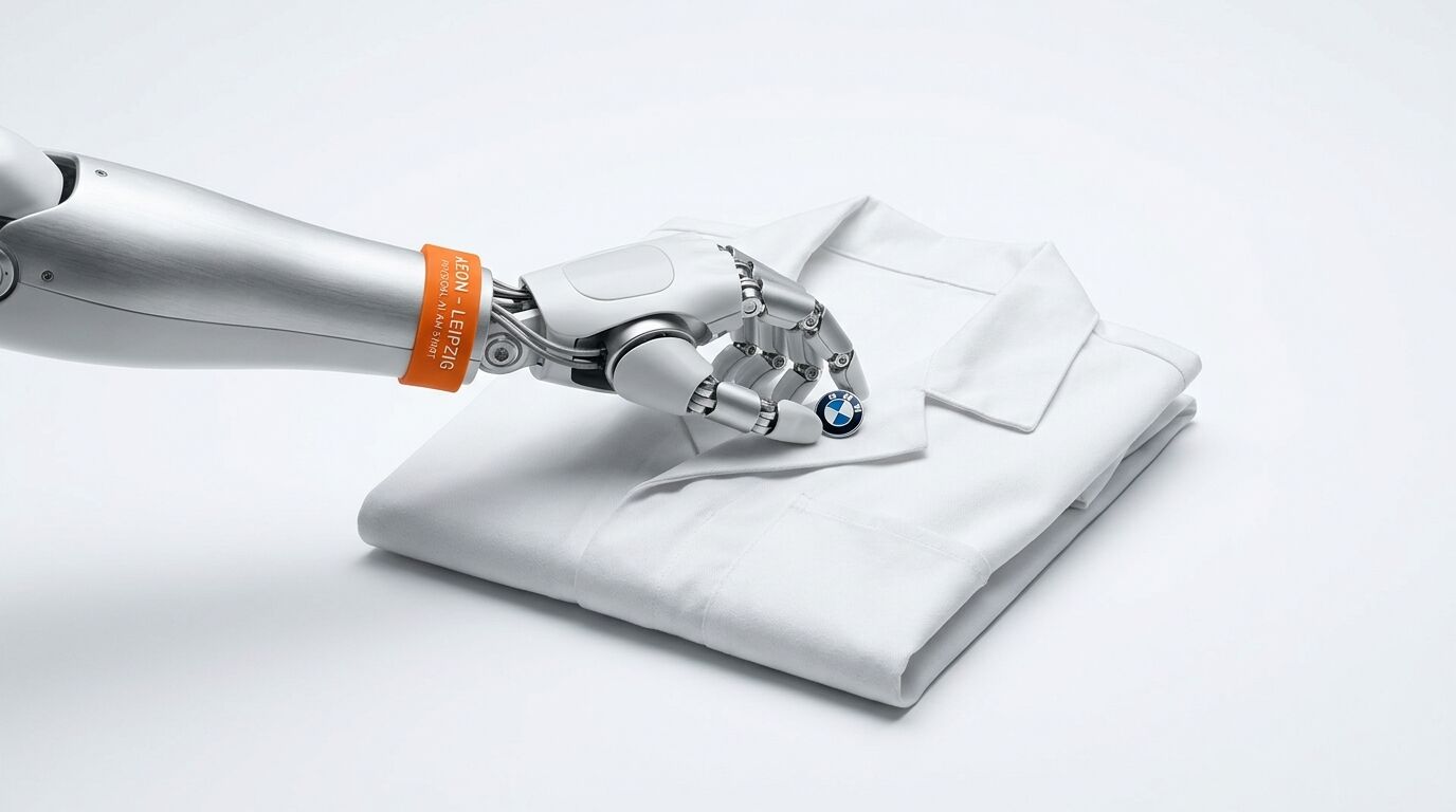 Roboterhand mit orangefarbenem Armband befestigt BMW-Pin an gefaltetem weißem Kittel