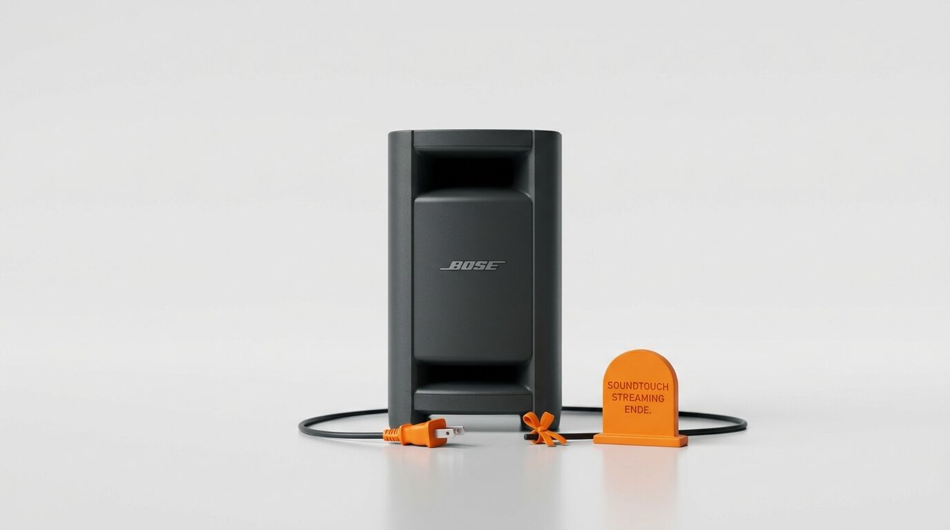 Schwarzer Bose-Lautsprecher, oranger Netzstecker, kleines oranges Schild „SOUNDTOUCH STREAMING ENDE.“