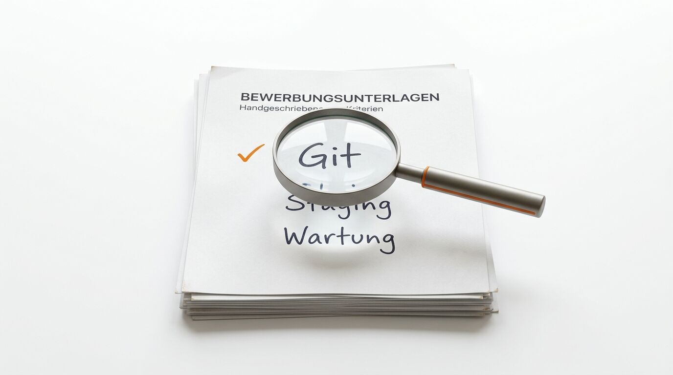 Bewerbungsunterlagen mit handschriftlicher Liste und Lupe