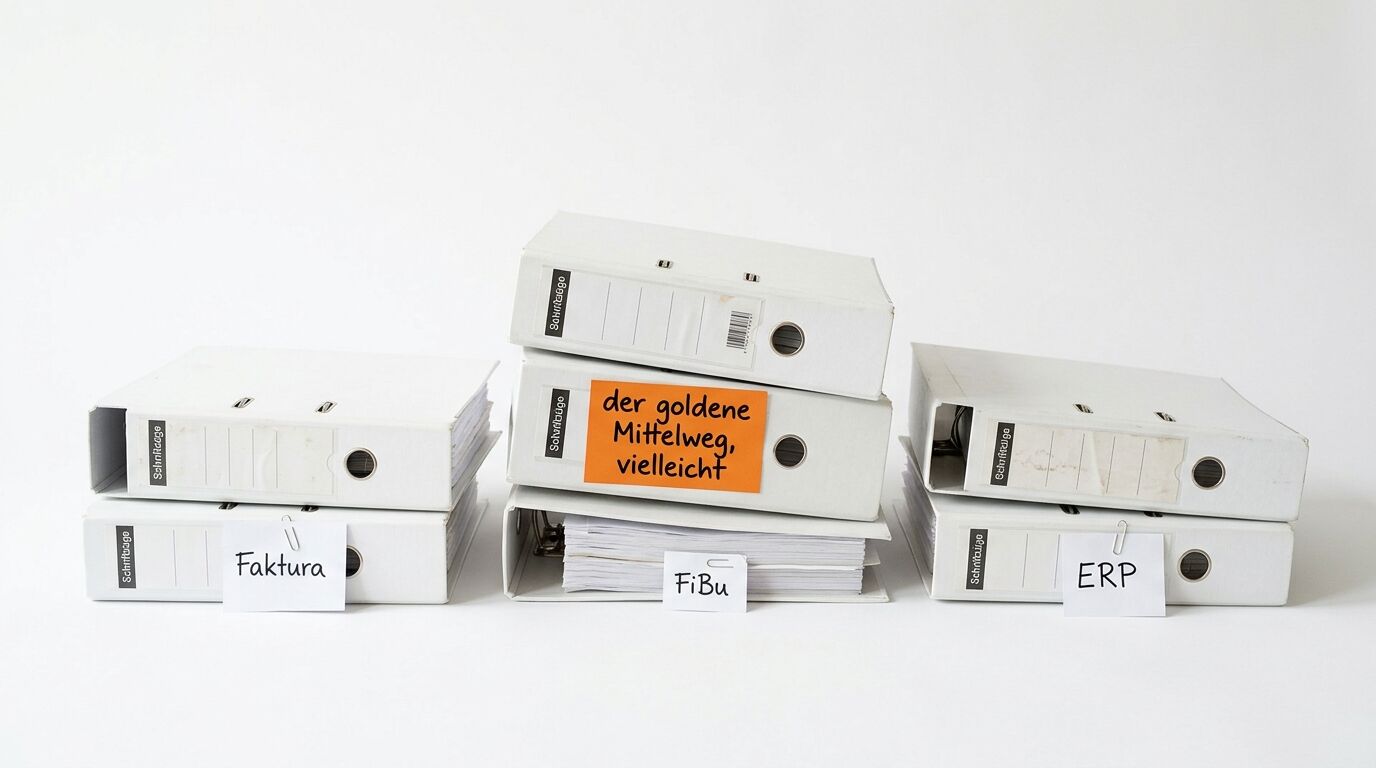 Drei Stapel Aktenordner vor weiΓem Hintergrund mit den Bezeichnungen Faktura, FiBu und ERP