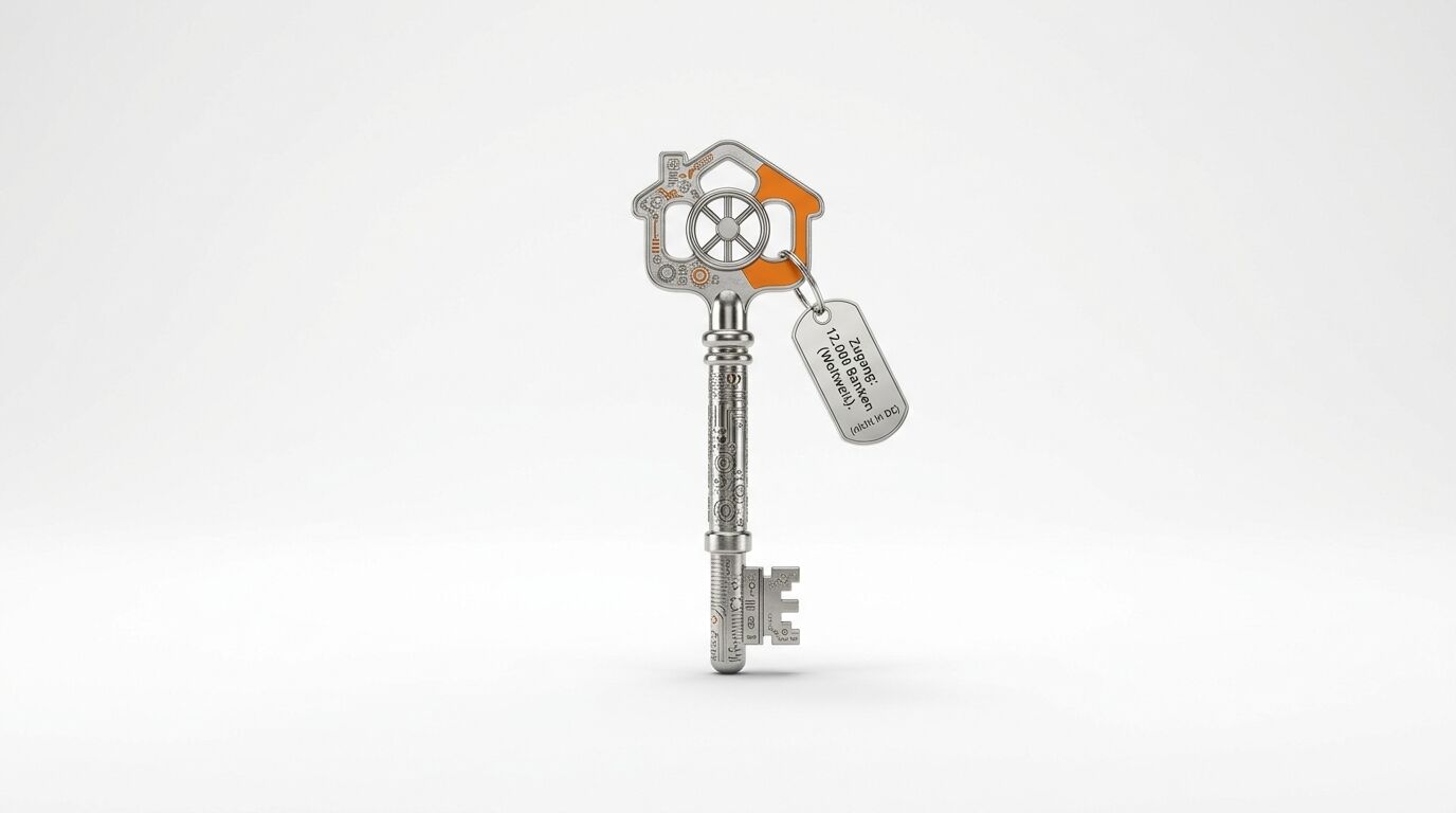 Steampunk-Schlüssel in Hausform mit orangefarbenen Akzenten und gravierter Marke auf weißem Grund