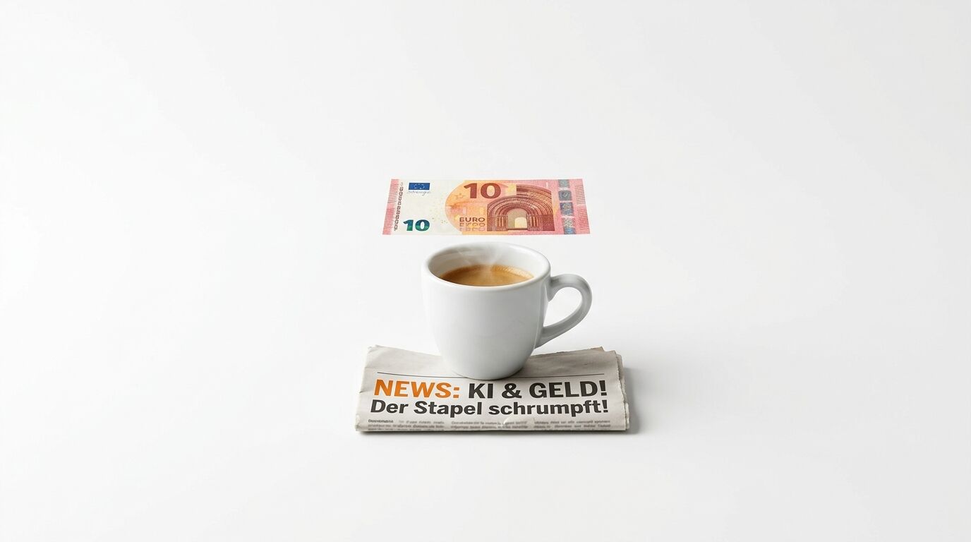 Espressotasse auf Zeitung mit Schlagzeile „KI & GELD!“, darüber schwebender 10-Euro-Schein vor weißem Hintergrund