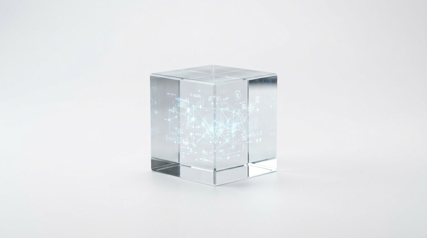 Ein Glaskubus mit leuchtender Daten-Holografie im Inneren auf weißem Grund