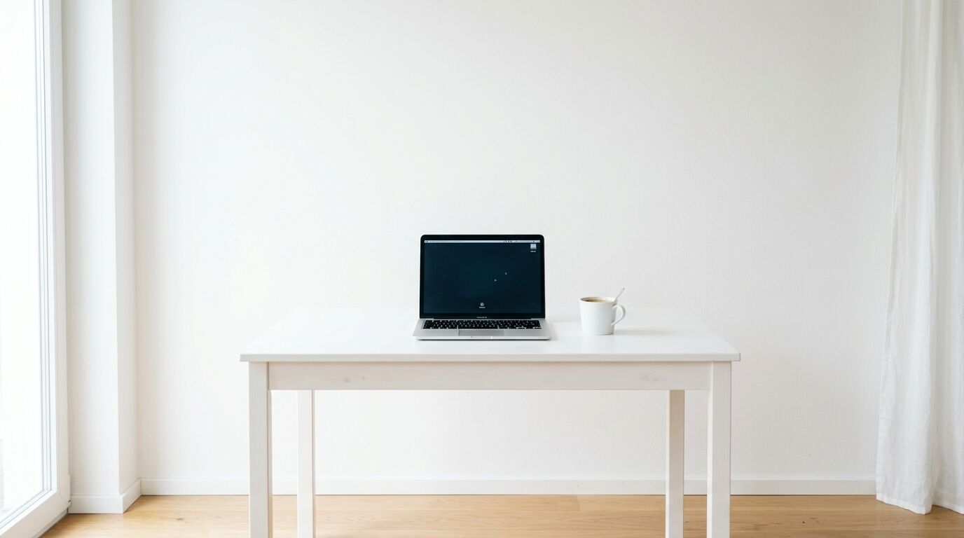 Ein Laptop und eine Tasse Kaffee auf einem weißen Tisch in einem hellen Raum