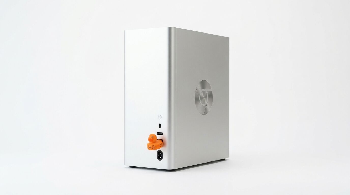 Ein silberner Desktop-Computer mit einer kleinen orangen Badeente an der Rückseite