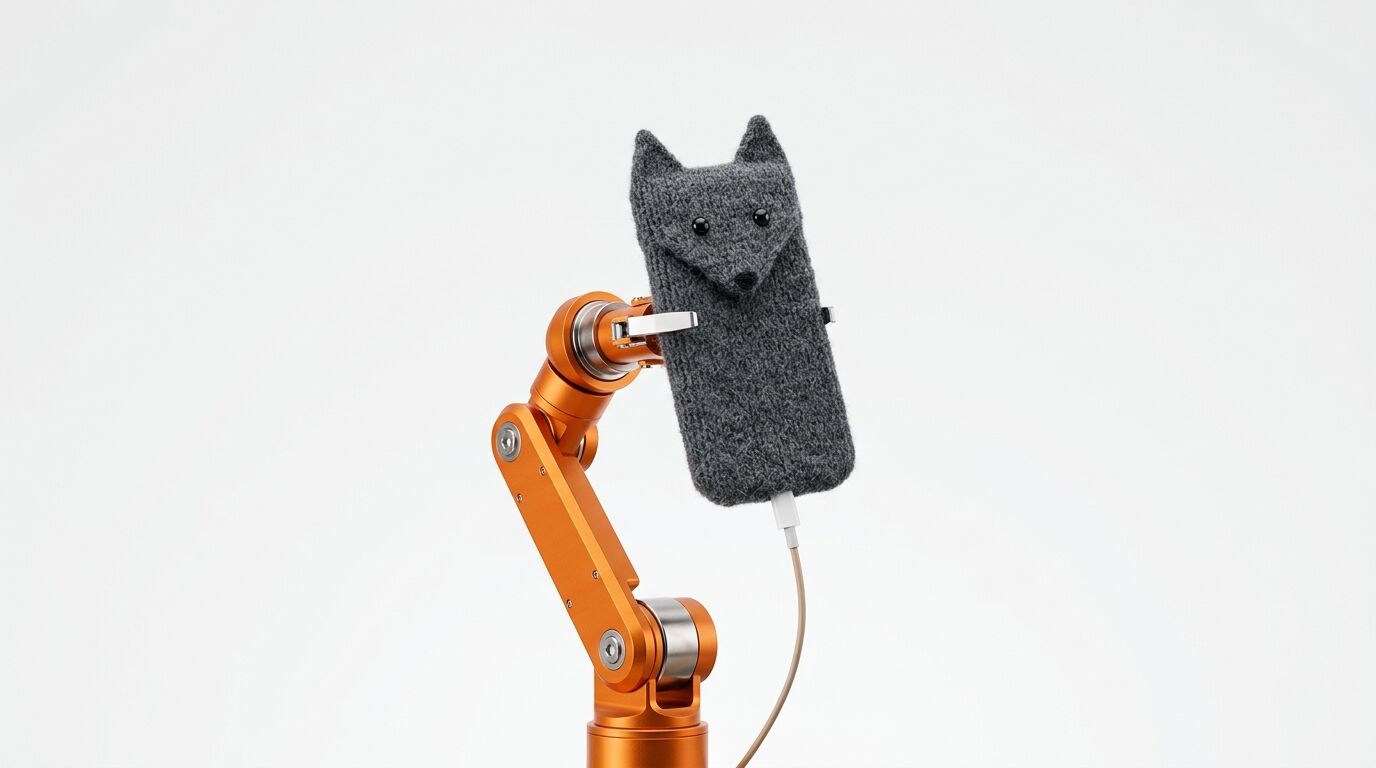 Oranger Roboterarm hält ein Smartphone in einer grauen Filz-Fuchshülle mit Ladekabel