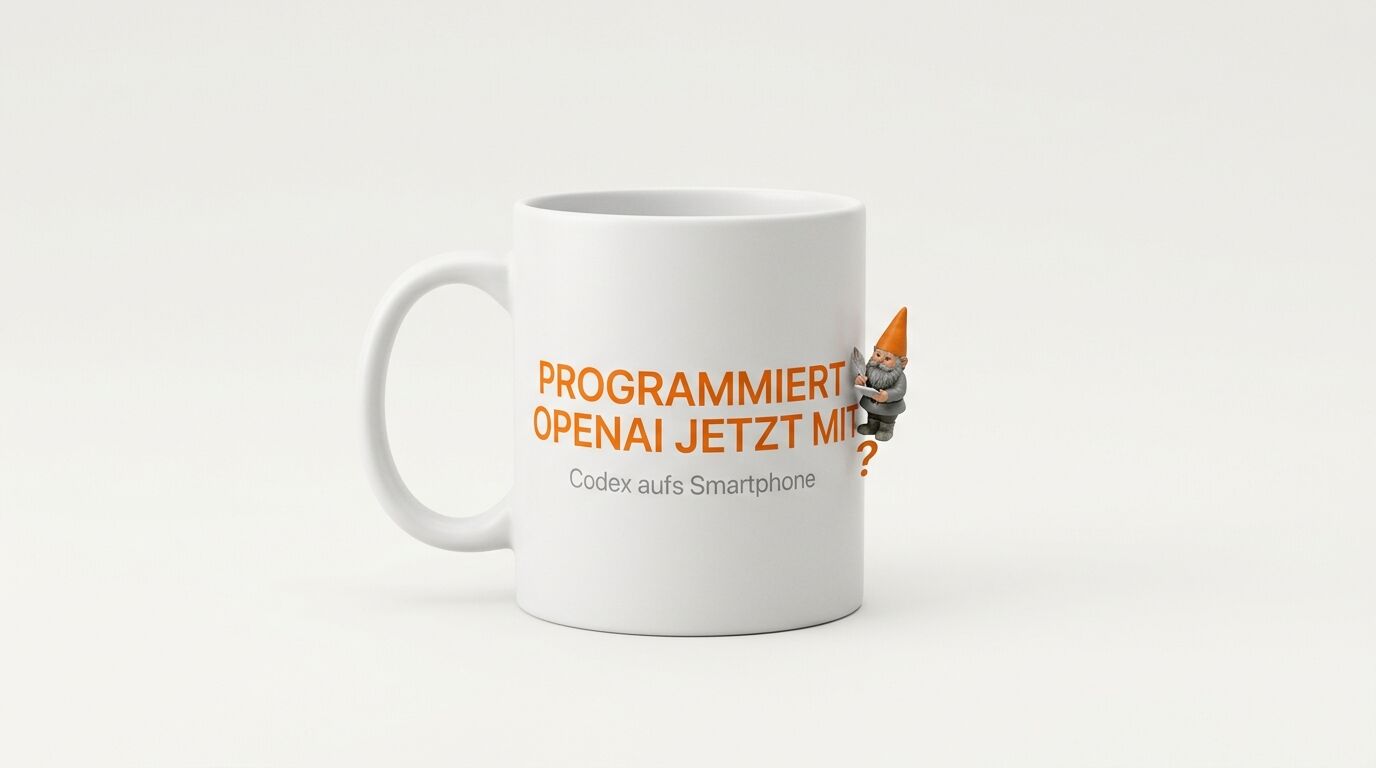 Eine weisse Tasse mit Text und einem Gartenzwerg auf einem hellen Hintergrund